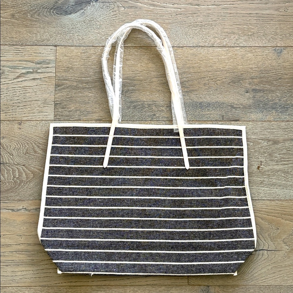 Black & Cream Striped Canvas Lancôme Tote Bag Lined Inside w/ 2 Slip Pockets